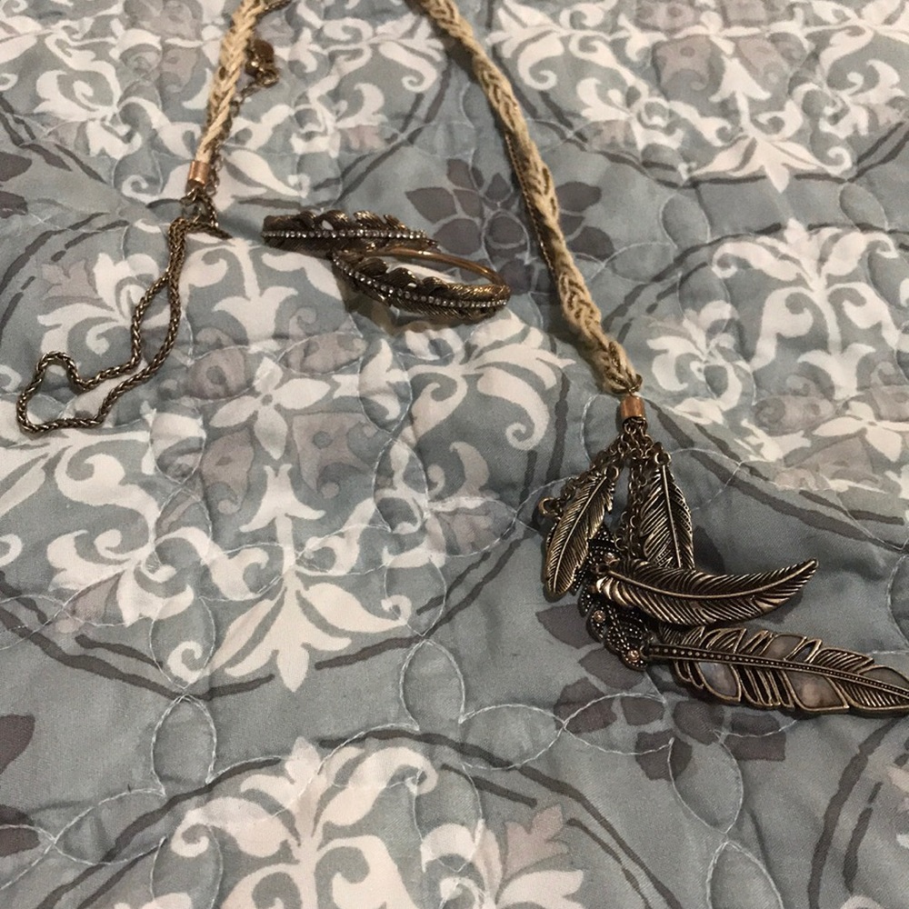Feathered necklace and earrings